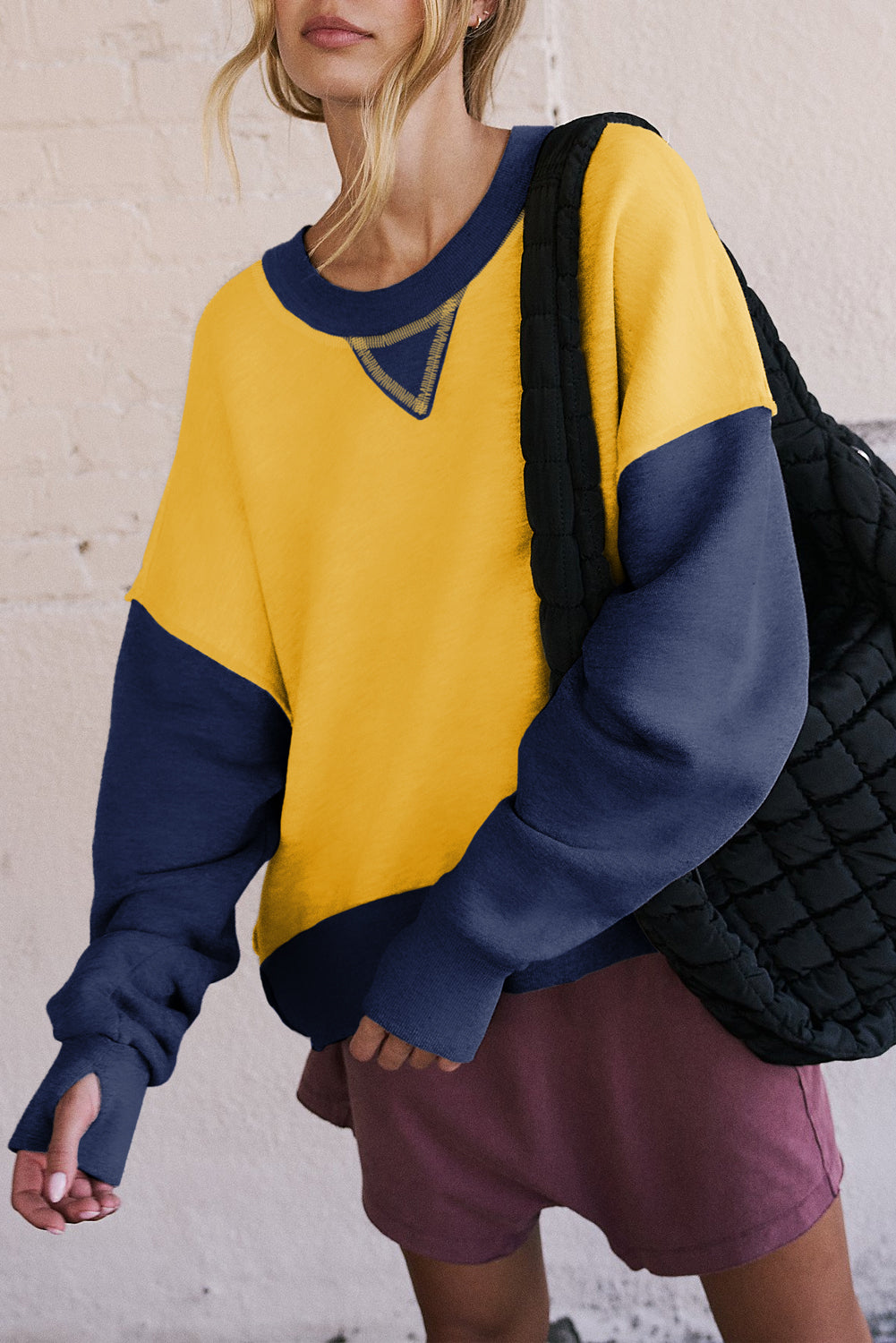 Yellow Color Block Thumbhole Sleeve Drop Shoulder Sweatshirt Sweatshirts & Hoodies JT's Designer Fashion