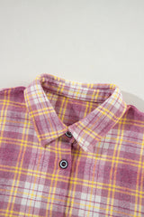 Pink Plaid Print Chest Pocket Long Sleeve Shacket Plaid Shackets JT's Designer Fashion