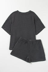 Carbon Grey Ribbed Textured Knit Loose Fit Tee and Shorts Set Short Sets JT's Designer Fashion