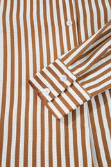 Brown Stripe Ruffled Hem Collared Long Sleeve Shirt Mini Dress Mini Dresses JT's Designer Fashion
