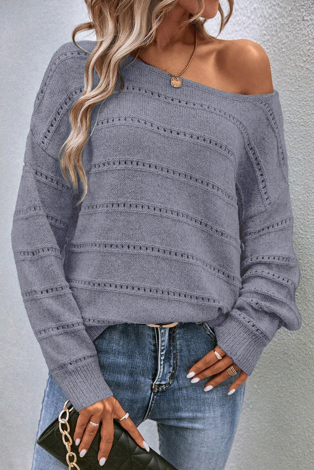 Light Grey Boat Neck Drop Shoulder Pointelle Knit Sweater Sweaters JT's Designer Fashion