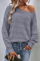 Light Grey Boat Neck Drop Shoulder Pointelle Knit Sweater Sweaters JT's Designer Fashion