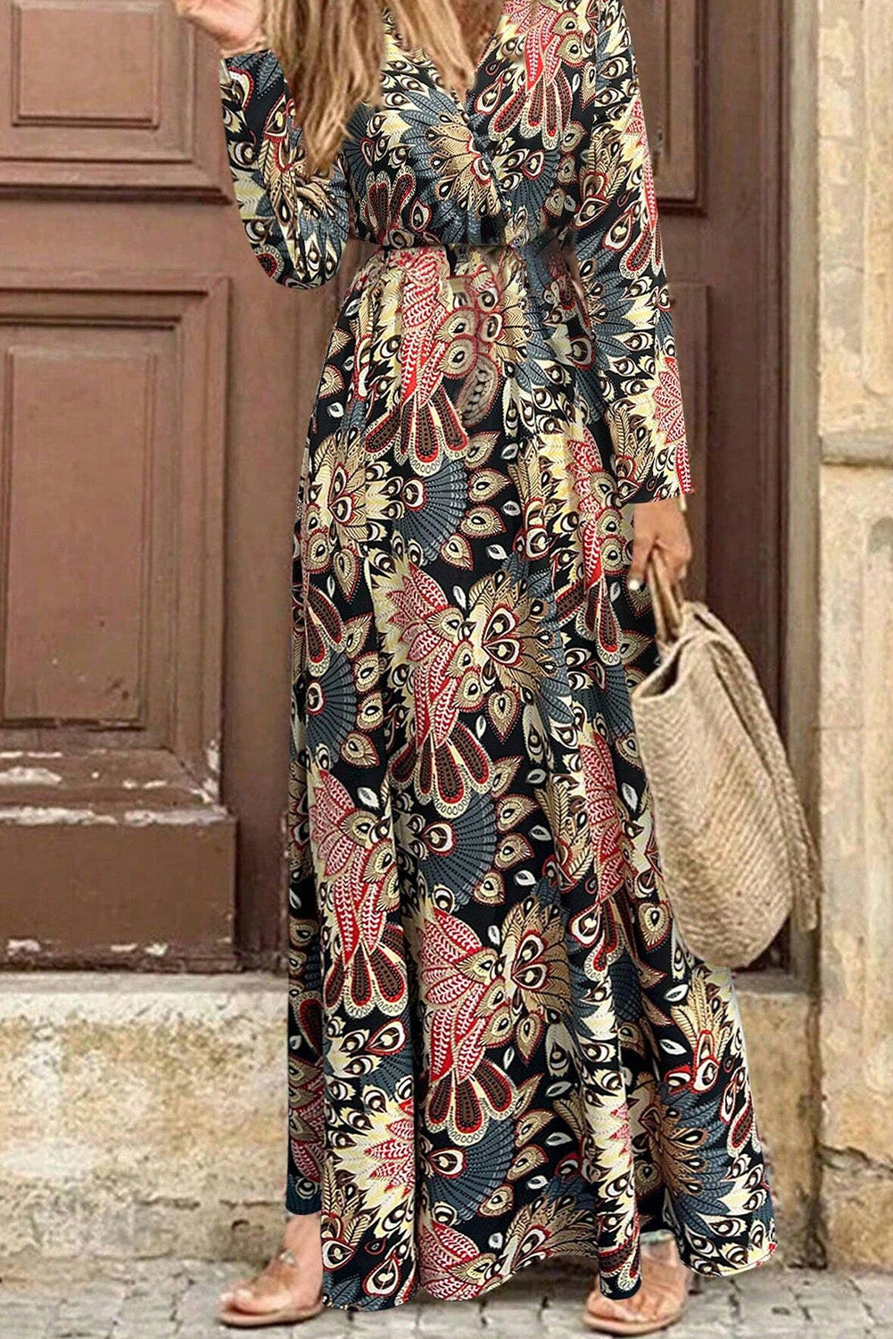 Black Floral Print V Neck Wrap High Waist Long Dress Maxi Dresses JT's Designer Fashion
