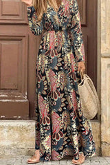 Black Floral Print V Neck Wrap High Waist Long Dress Maxi Dresses JT's Designer Fashion