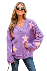 Lavendula Brushed Star Graphic V Neck Drop Shoulder Oversize Sweater Sweaters JT's Designer Fashion