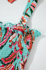 Green Abstract Print Smocked Bodice Knotted Straps Ruffled Long Dress Maxi Dresses JT's Designer Fashion