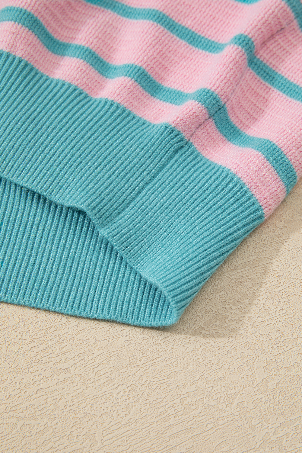 Pink Stripe Trimmed Round Neck Drop Shoulder Loose Sweater Sweaters JT's Designer Fashion