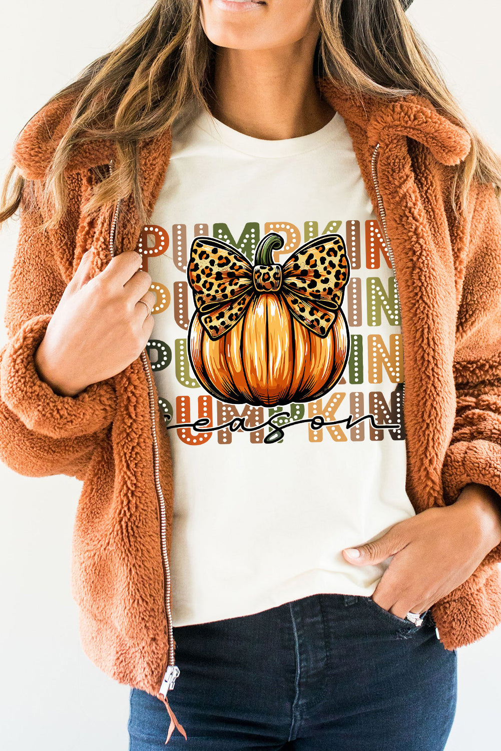 White PUMPKIN Season Leopard Bow Print Crew Neck T Shirt Graphic Tees JT's Designer Fashion