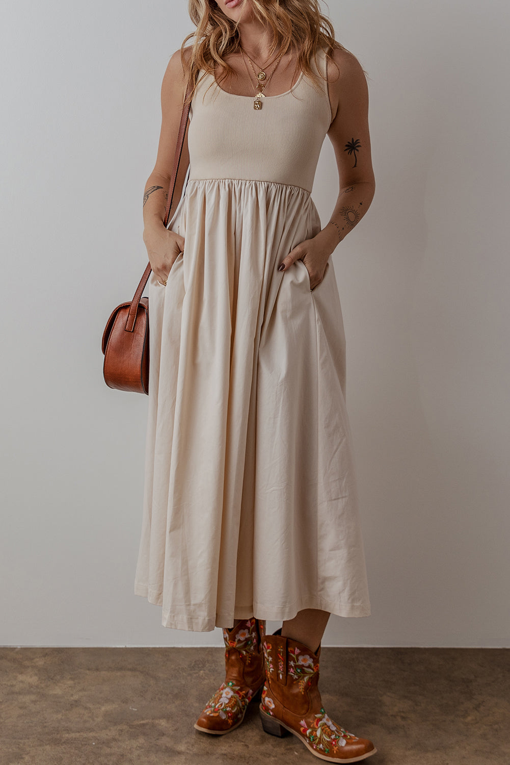 Beige Scoop Neck Ribbed Bodice Pleated Sleeveless Long Dress Maxi Dresses JT's Designer Fashion