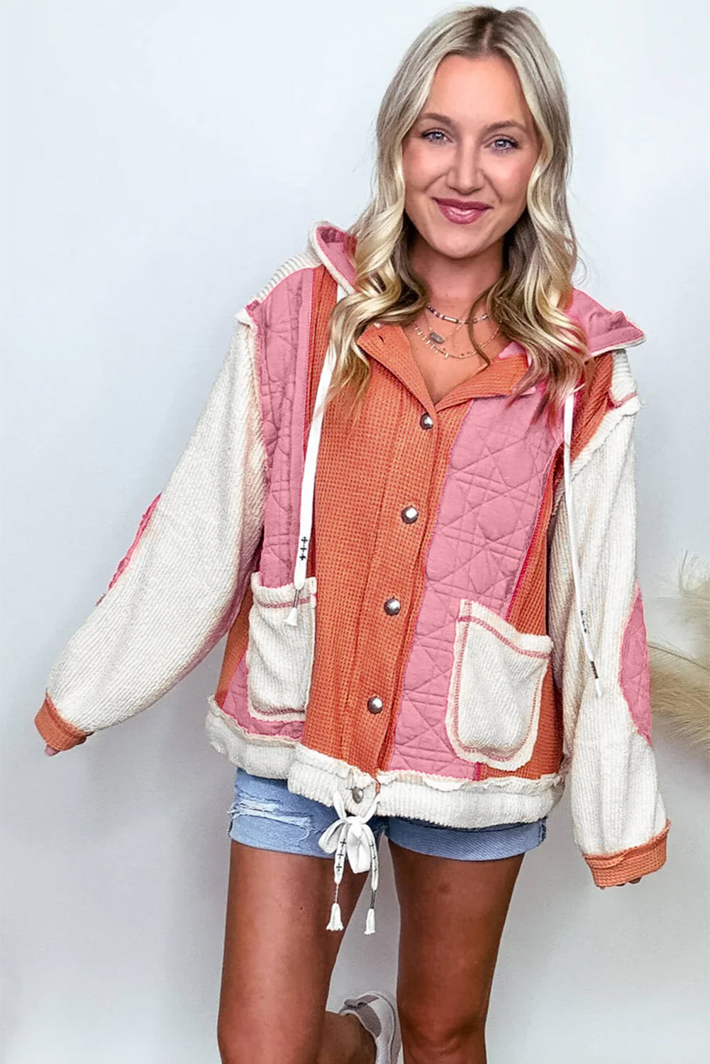 Coral Quilted Textured Patchwork Loose Fit Hooded Jacket Jackets JT's Designer Fashion