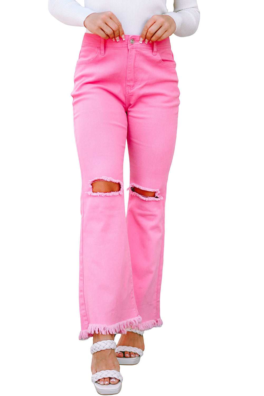 Pink Vintage High Waist Flare Leg Ripped Raw Hem Jeans Jeans JT's Designer Fashion