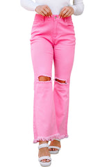 Pink Vintage High Waist Flare Leg Ripped Raw Hem Jeans Jeans JT's Designer Fashion