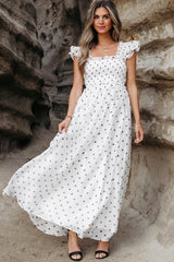 White Polka Dot Flutter Sleeve Square Neck Smocked Long Dress Maxi Dresses JT's Designer Fashion