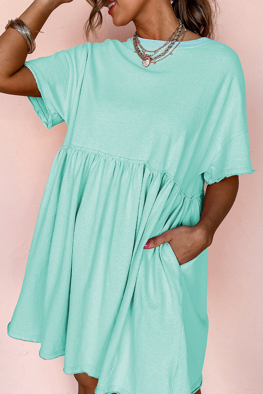 Moonlight Jade Solid Color Pocketed Raw Edge Babydoll Dress Mini Dresses JT's Designer Fashion