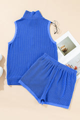 Sky Blue Corded Collared Half Zip Tank Top Two Piece Shorts Set Short Sets JT's Designer Fashion