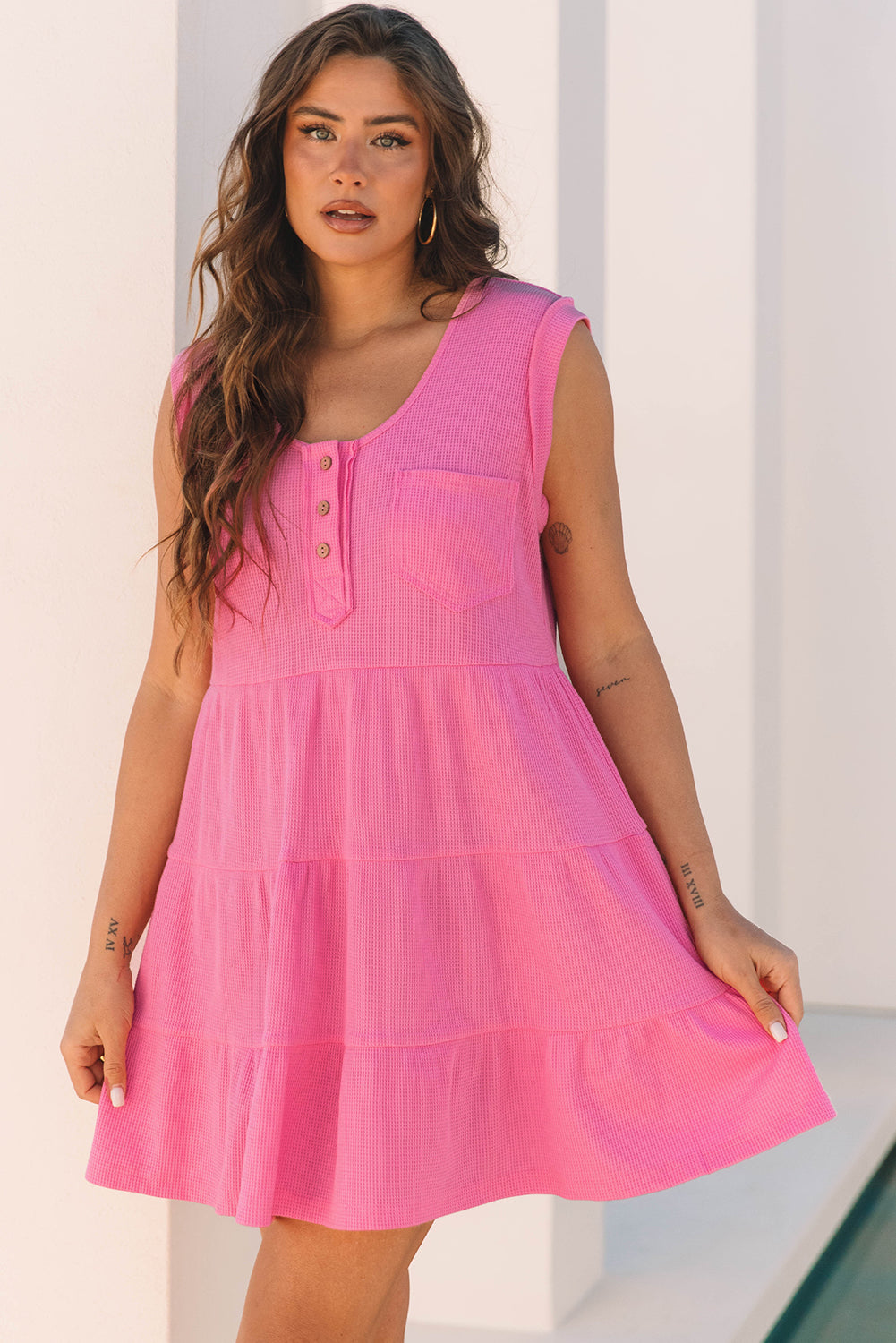 Bright Pink Waffle Textured Button Round Neck A-line Tiered Sleeveless Dress Mini Dresses JT's Designer Fashion