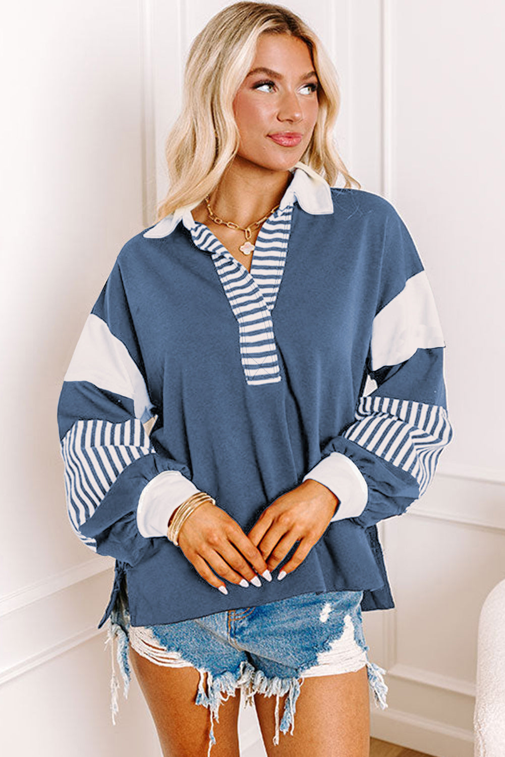 Sail Blue Striped Colorblock Patchwork Collar Sweatshirt Sweatshirts & Hoodies JT's Designer Fashion