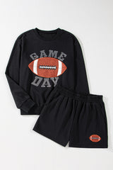 Black GAME DAY Rugby Football Graphic Pullover and Shorts Casual Outfit Short Sets JT's Designer Fashion