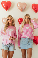 Pink Pearl Beaded Bowknot Pattern Distressed Split Hem Sweater Sweaters JT's Designer Fashion