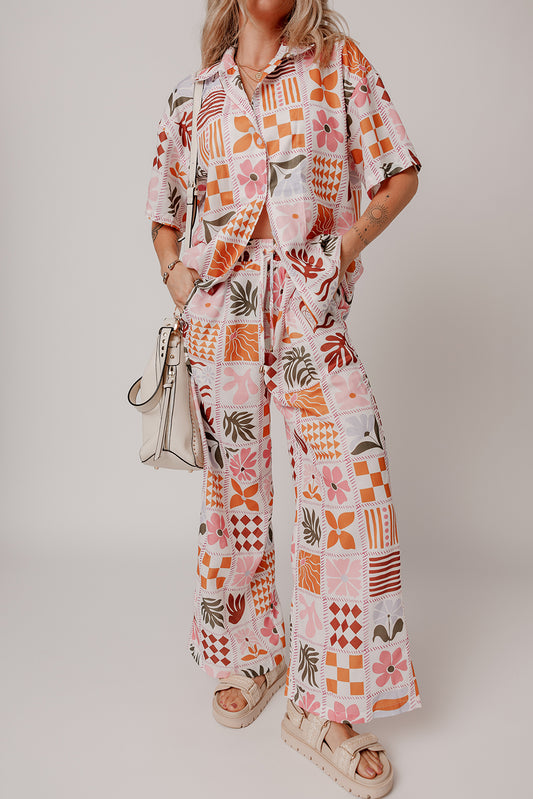 Orange Plant Checkered Print Collared Shirt and Wide Leg Pants Set Pant Sets JT's Designer Fashion