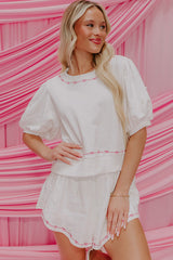 White Contrast Bow Trim Pearl Puff Sleeve Blouse and Skort 2pcs Set Short Sets JT's Designer Fashion