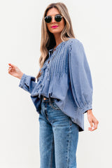 Myosotis Denim Front Pintuck Bow Tie Puff Sleeve Top Blouses & Shirts JT's Designer Fashion