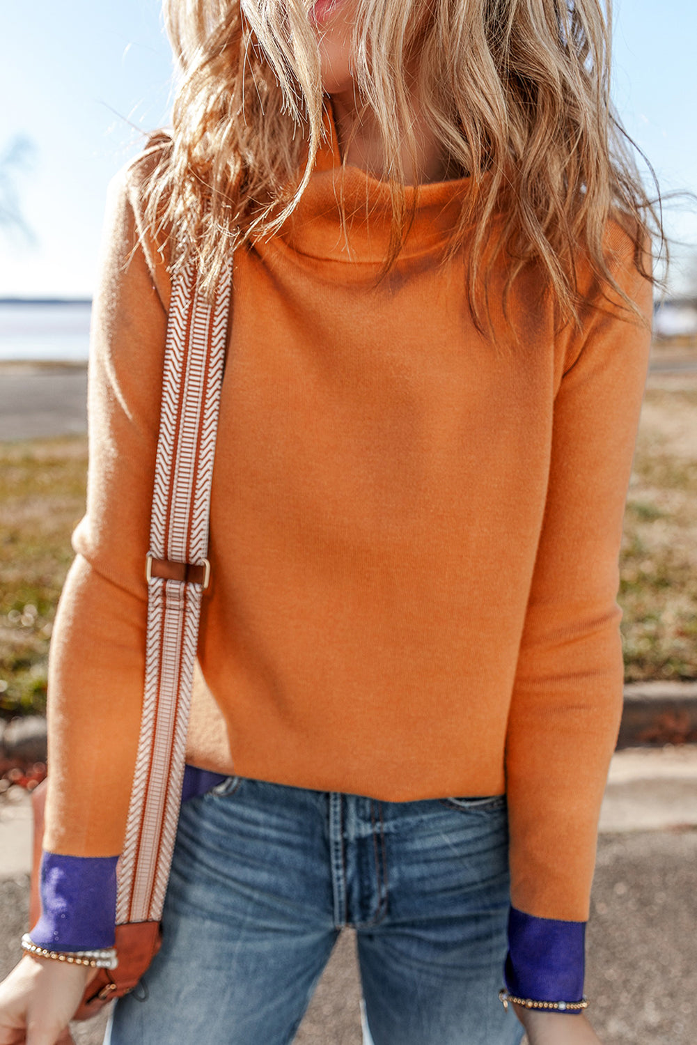 Straw Yellow Color Contrast Edge Mock Neck Slim Fit Sweater Sweaters JT's Designer Fashion