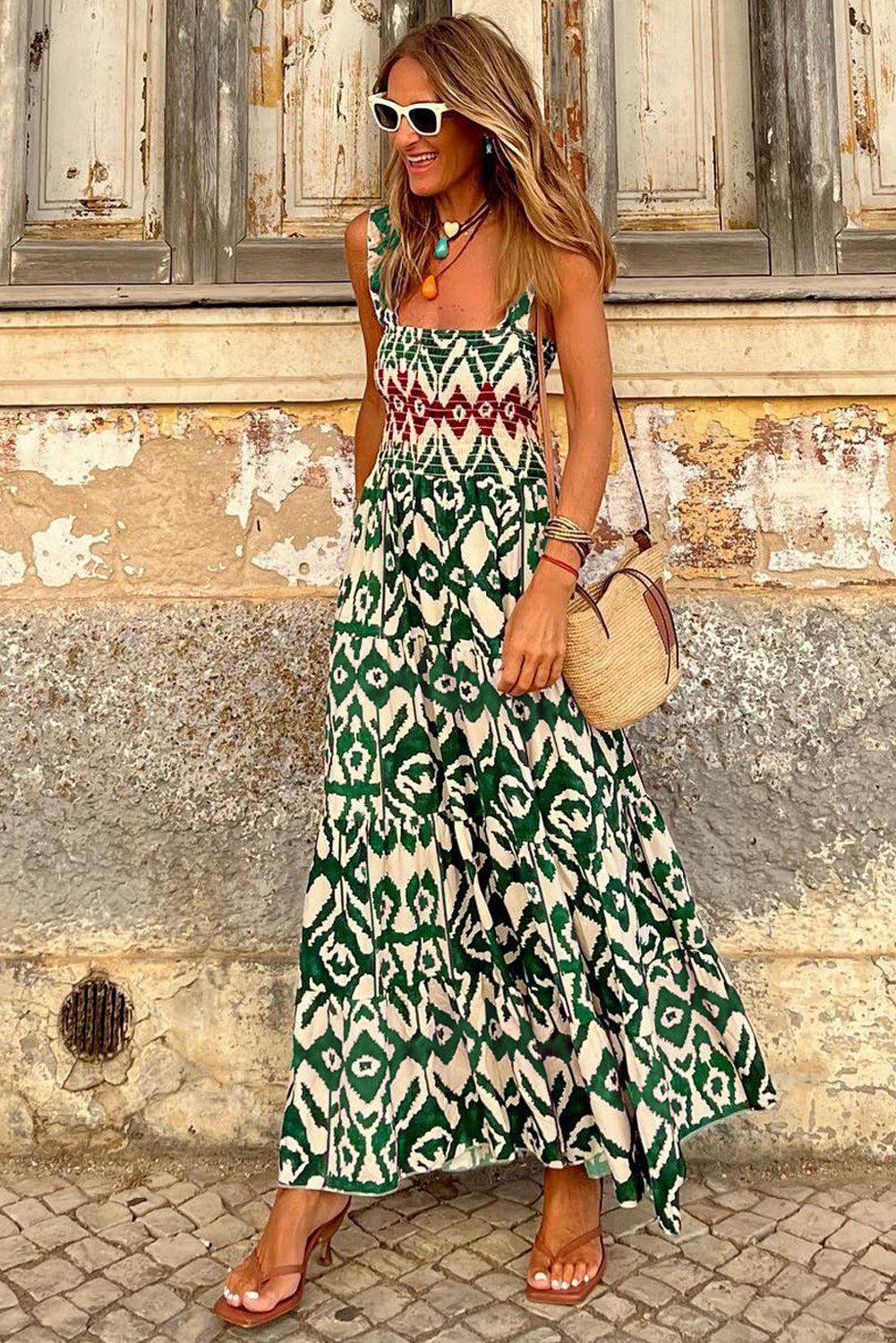Green Western Aztec Shirred A-line Sleeveless Long Dress Maxi Dresses JT's Designer Fashion