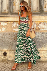 Green Western Aztec Shirred A-line Sleeveless Long Dress Maxi Dresses JT's Designer Fashion