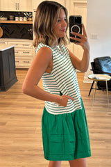 Green Stripe Woven Ruffled Sleeveless Mini Dress Mini Dresses JT's Designer Fashion