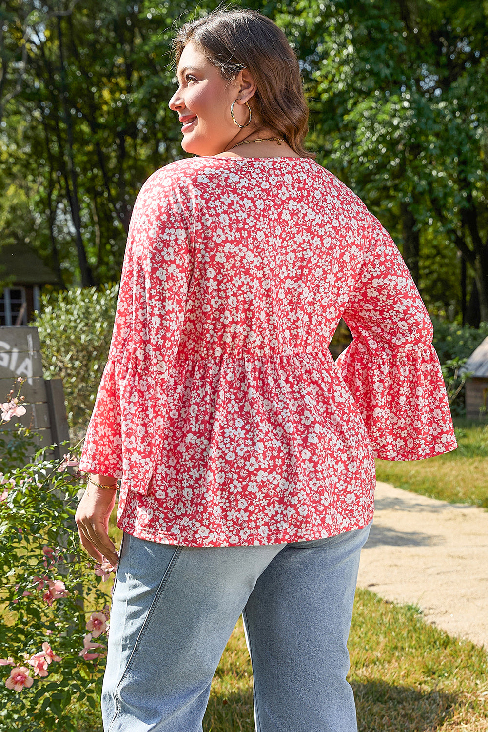 Red Plus Size Floral V Neck Flared Bracelet Sleeve Blouse Plus Size Blouses & Shirts JT's Designer Fashion