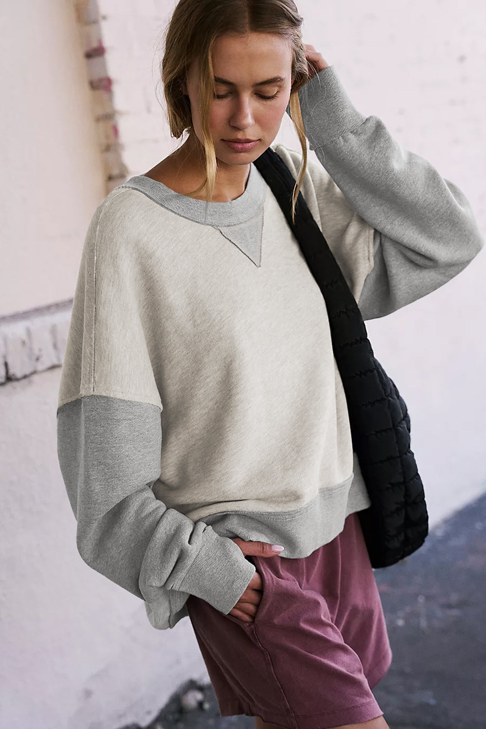 Light Grey Color Block Thumbhole Sleeve Drop Shoulder Sweatshirt Sweatshirts & Hoodies JT's Designer Fashion