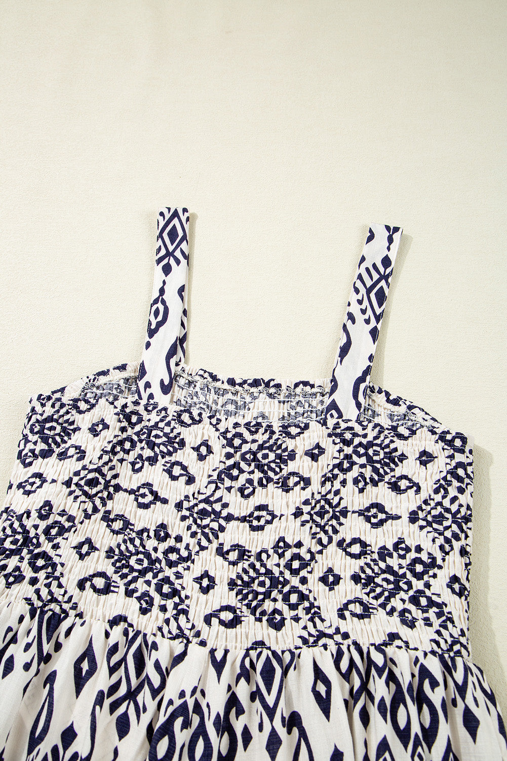 Blue Boho Geometric Print Shirred High Waist Wide Leg Jumpsuit Jumpsuits & Rompers JT's Designer Fashion