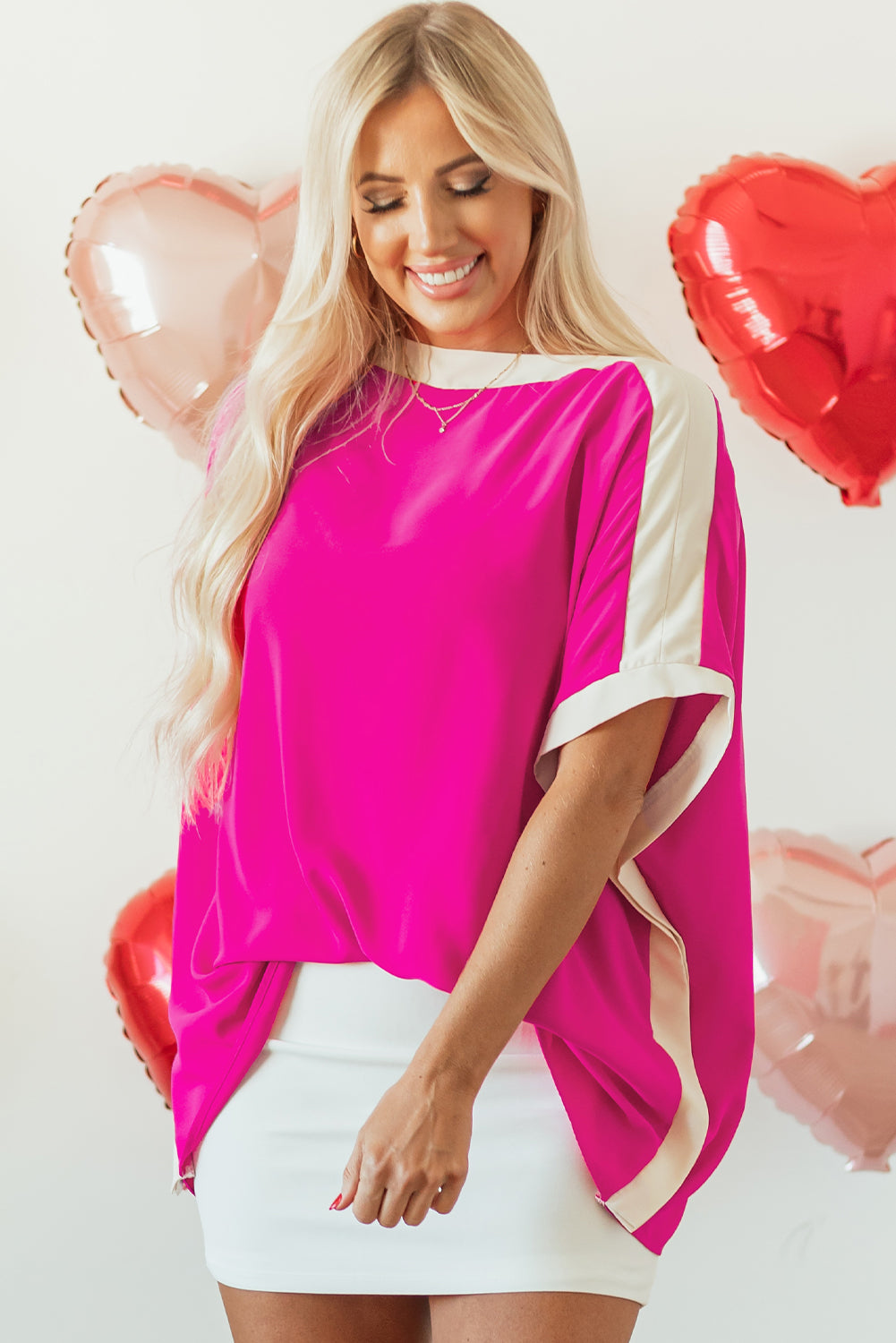 Rose Red Oversized Color Block Boat Neck Tunic Blouse Blouses & Shirts JT's Designer Fashion