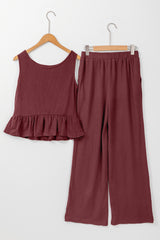 Red Dahlia Solid Color Ribbed Ruffle Tank Top and Pants Set Pant Sets JT's Designer Fashion