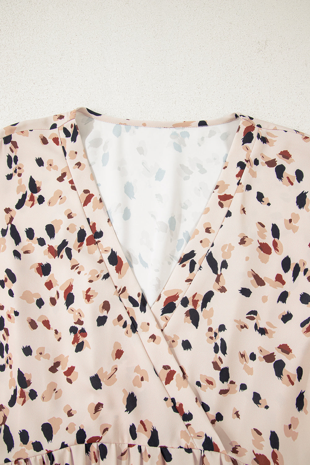 Beige Printed Surplice V Neck Cuffed Sleeve Empire Waist Plus Size Dress Plus Size Mini Dresses JT's Designer Fashion