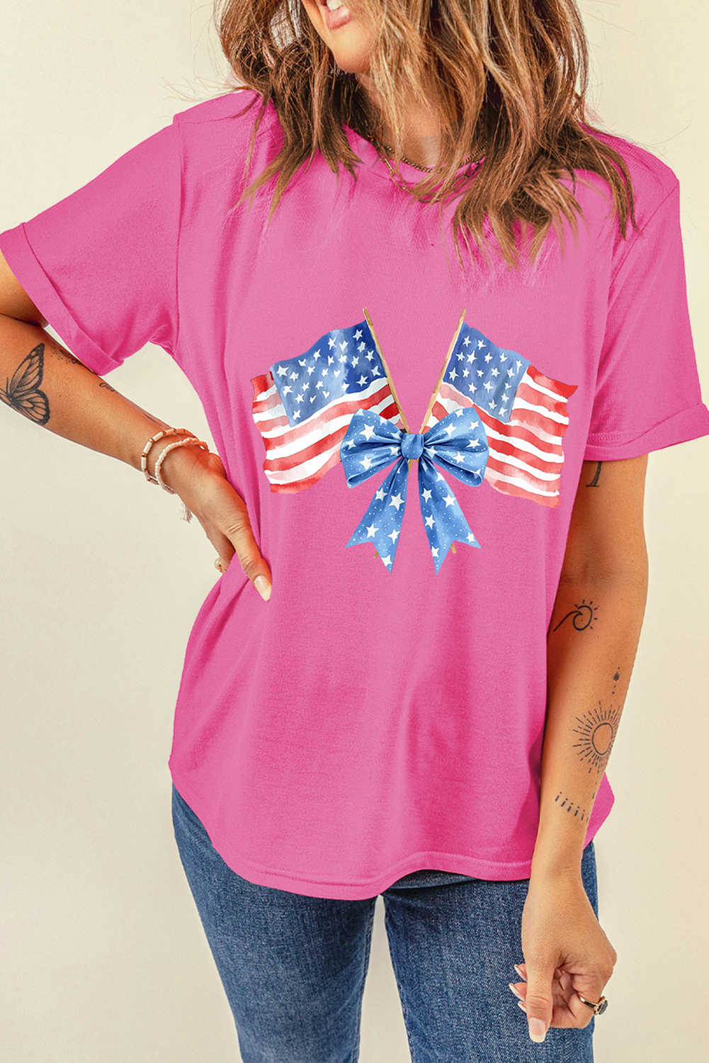 Sachet Pink Dual American Flag Bow Printed Casual T Shirt Graphic Tees JT's Designer Fashion