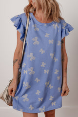 Sky Blue Bow Knot Print Crewneck Ruffled Sleeve Shift Mini Dress Dresses JT's Designer Fashion