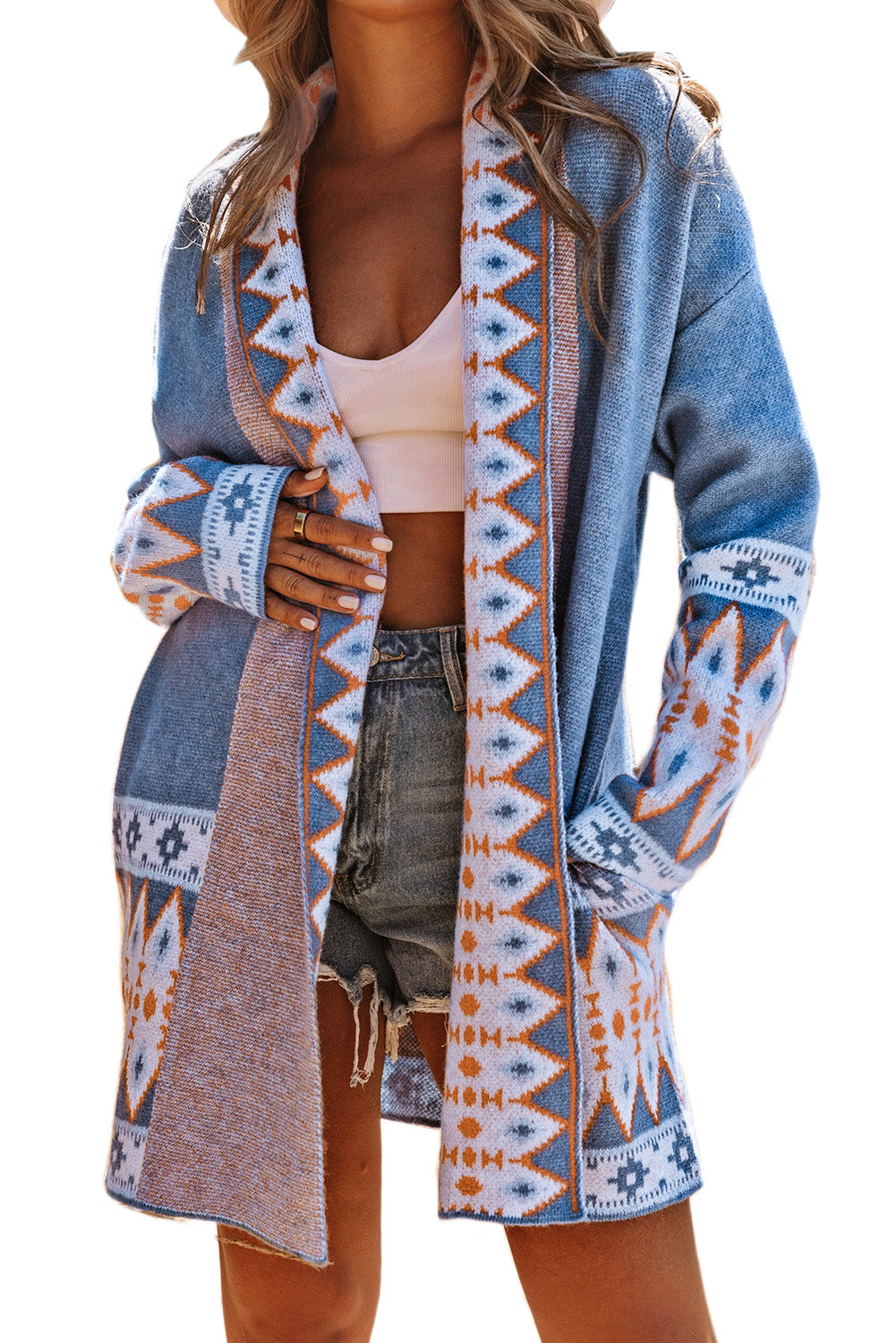 Blue Aztec Print Open Front Knitted Cardigan Sweaters & Cardigans JT's Designer Fashion