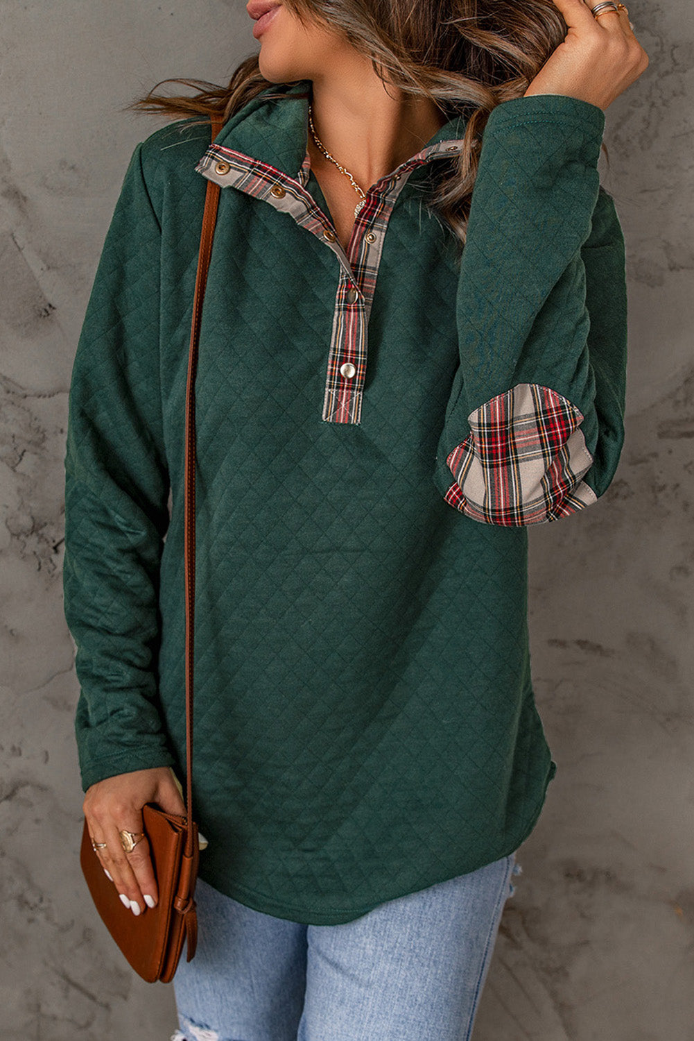 Green Geometric Texture Plaid Trim Sweatshirt Sweatshirts & Hoodies JT's Designer Fashion