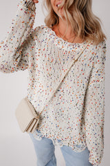 White Colorful Confetti Distressed Knit Sweater Sweaters JT's Designer Fashion