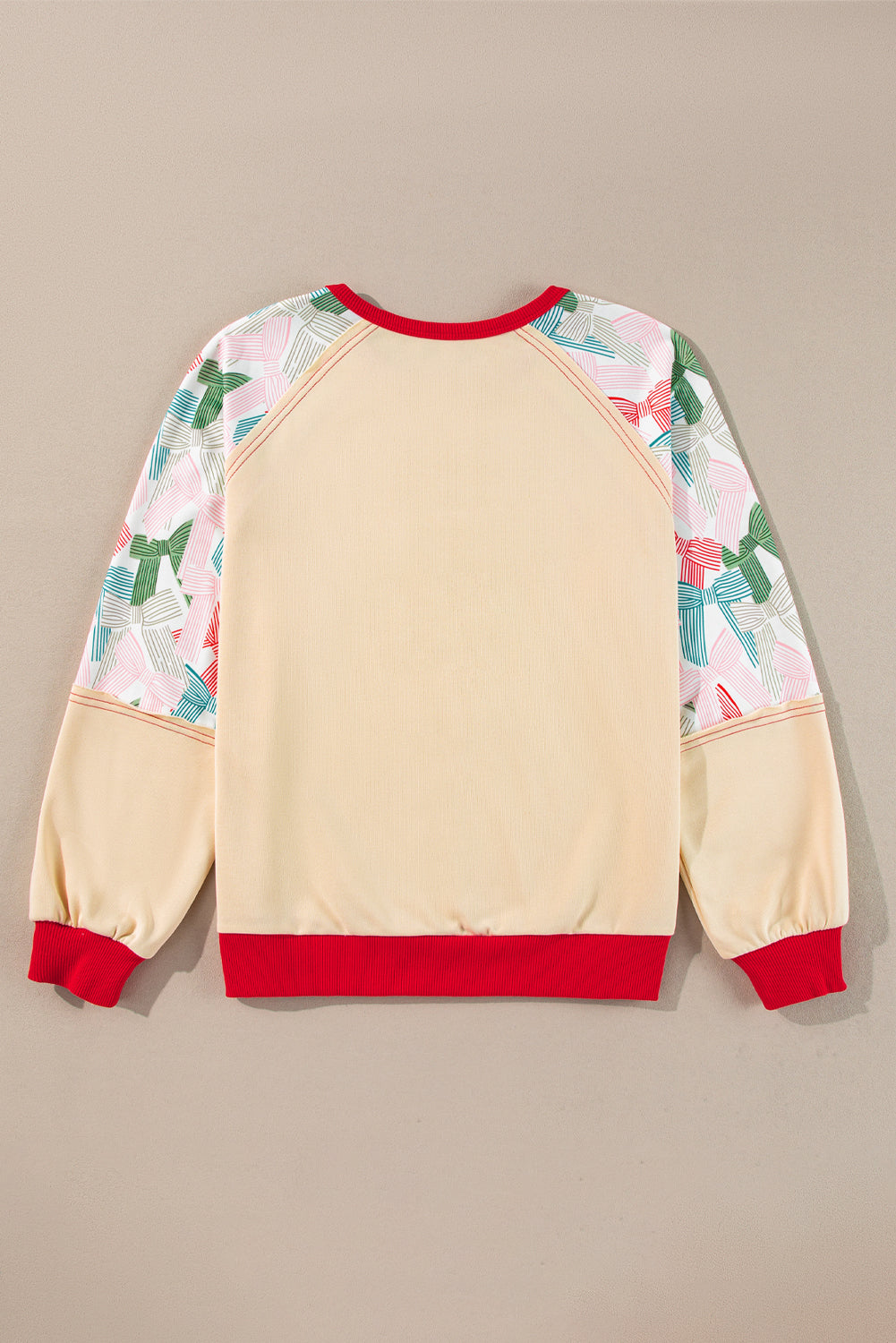 Beige Bowknot Printed Patchwork Raglan Sleeve Colorblock Edge Top Long Sleeve Tops JT's Designer Fashion