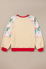 Beige Bowknot Printed Patchwork Raglan Sleeve Colorblock Edge Top Long Sleeve Tops JT's Designer Fashion