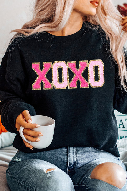 Black Chenille XOXO Patched Drop Shoulder Valentines Pullover Sweatshirt Black 50%Polyester+50%Cotton Graphic Sweatshirts JT's Designer Fashion