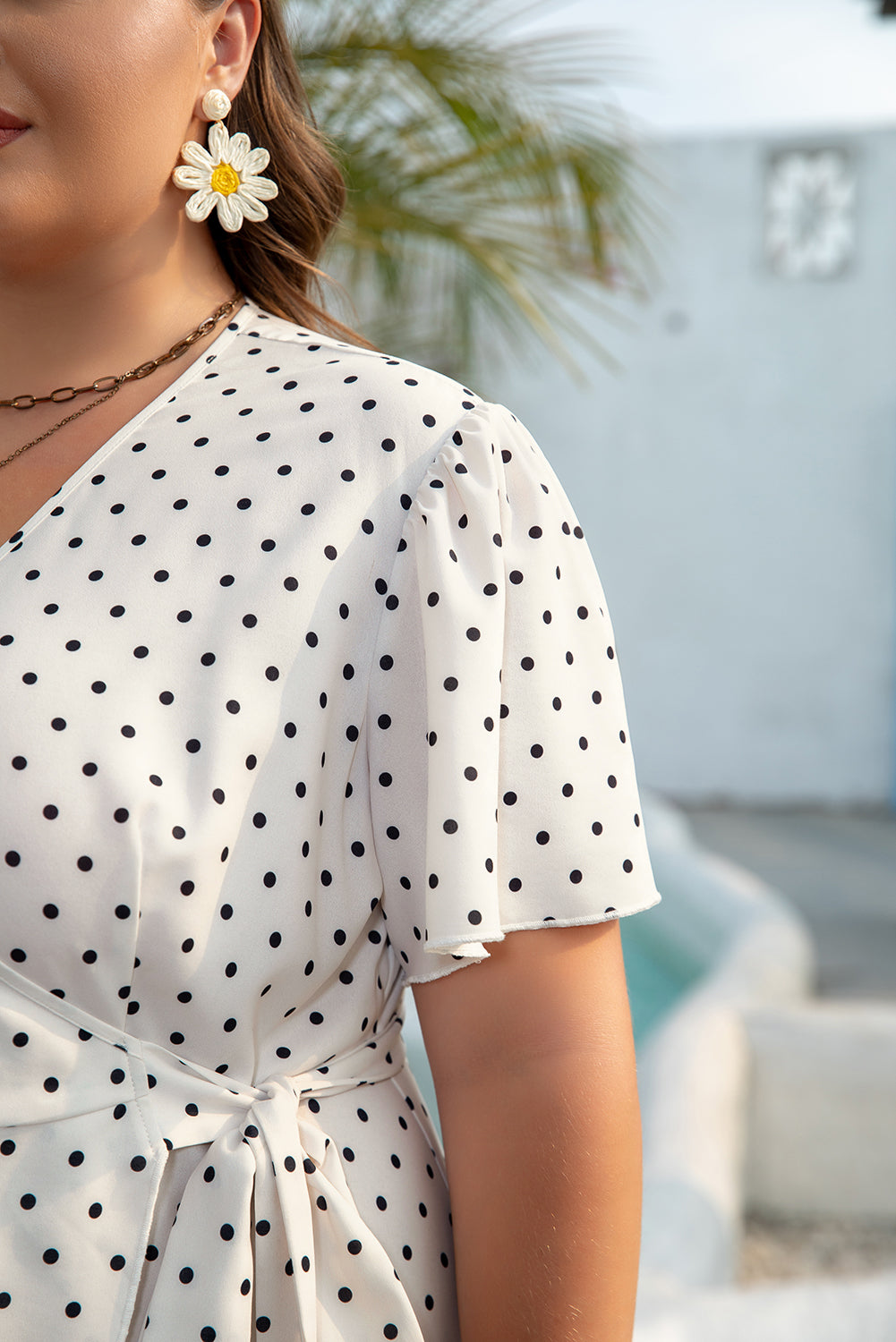 Khaki Polka Dot Surplice V Neck Tied Waist Flutter Sleeve Flowy Plus Size Midi Dress Plus Size Midi Dresses JT's Designer Fashion