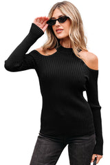Black Ribbed Knit Cold Shoulder Choker Neck Sweater Sweaters JT's Designer Fashion