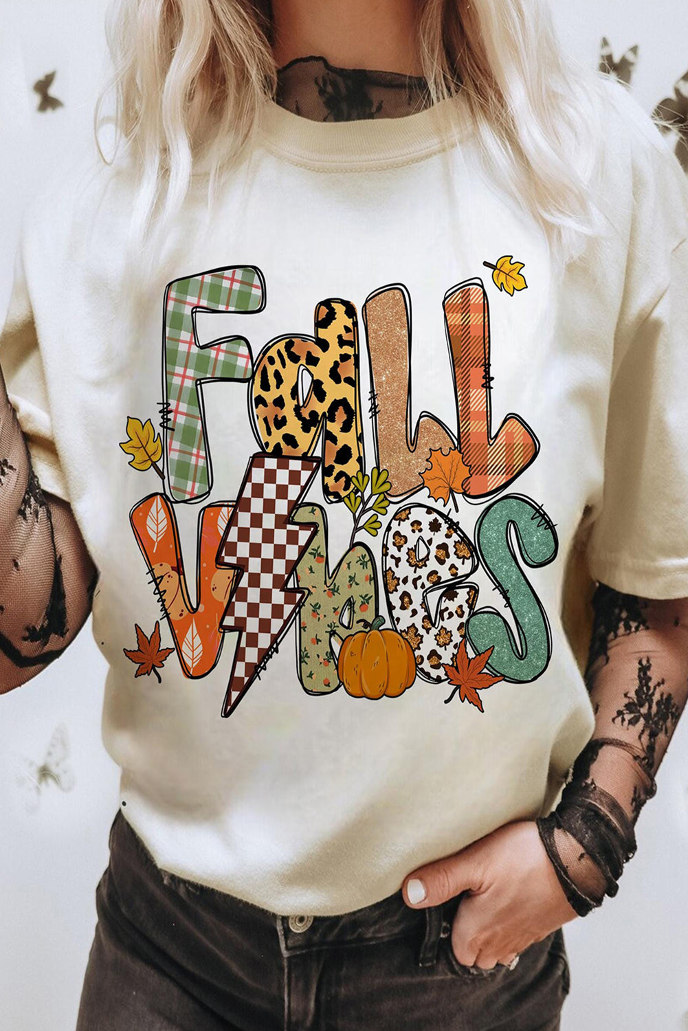 White FALL VIBES Cotton Blend Casual T Shirt Graphic Tees JT's Designer Fashion