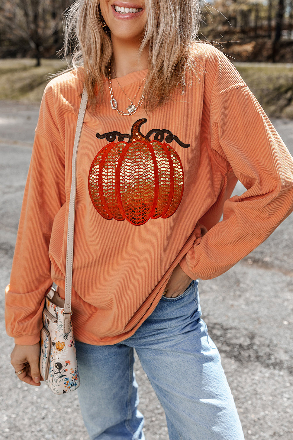 Orange Sequined Pumpkin Ribbed Round Neck Halloween Sweatshirt Graphic Sweatshirts JT's Designer Fashion
