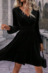 Black Velvet Long Sleeve Surplice High Waist Mini Dress Mini Dresses JT's Designer Fashion