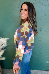 Multicolour Plush Checkered Pattern Button Front Cardigan Sweater Cardigans JT's Designer Fashion